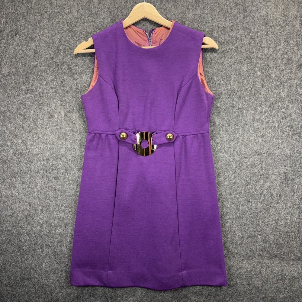 True Vintage 60s Mod Empire Mini Dress Belted Mod GoGo Purple Sleeveless Shift